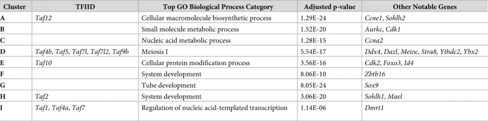 Table 1. Top gene ontology category in each cluster, TFIID component found in each, and other notable genes found in cluster.