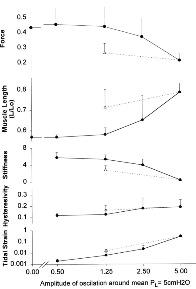 Figure 4.  Pooled observations  for muscle  strips with  mean  transpulmonary pressure  of 5cmH2O(n=5;  error bars denote  SD  between  muscle  strips drawn  in only one direction  for clarity)  for dynamically  equilibrated  force  and