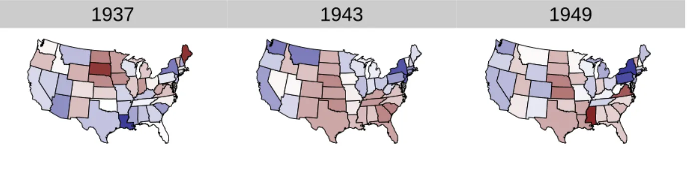 Figure 7: State support for New Deal liberalism in 1937, 1943, and 1949. Estimates have been centered and standardized in each year to accentuate the color contrasts.