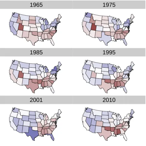 Figure 9: Average state confidence in the Supreme Court, 1965–2010. Blue indicates greater confidence