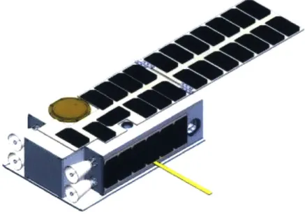 Figure  1-7:  An  early  CAD  rendering  of  KitCube  showing  the  propulsion thrusters and  solar  panels