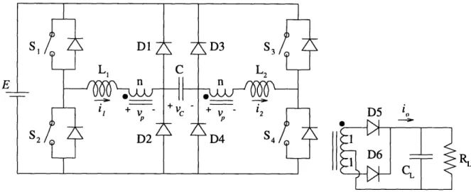 Figure  2-3:  Schematic  diagram  of  the  SRC  with  clamped  tank  capacitor  voltage, with  C  =  0.2 1 F,  L 1 =  L2  =  1lH,  RL  =  0.0181Q2,  CL  =  10, 000 1 LF,  E  =  200 to  350V, n  =  8, and f,  =  275kHz.