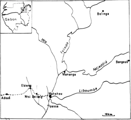 Figure  1.  - Carte  du  bassin  de  l'Ivindo  représentant  les  zones  d'études. 