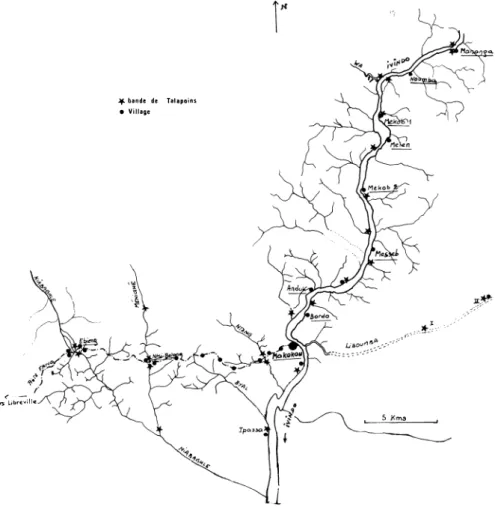 Figure  2.  - Localisation  des  différents  dortoirs  de  Talapoins  sur  les  rivières  de  la  région  de  Makokou