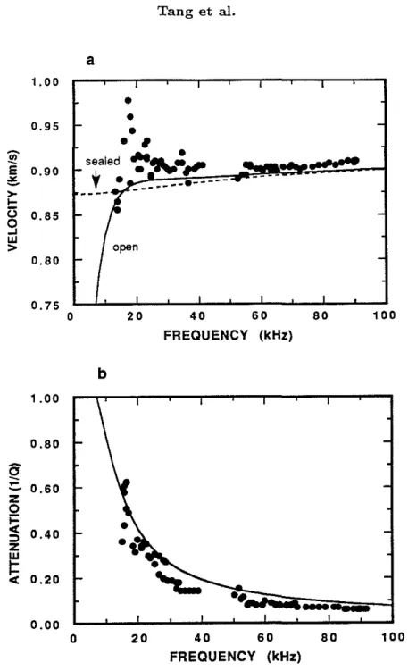 Figure 9: Stoneley velocity (a) and attenuation (b) versus frequency for sample C. Dots are experimental results and solid curves are theoretical predictions