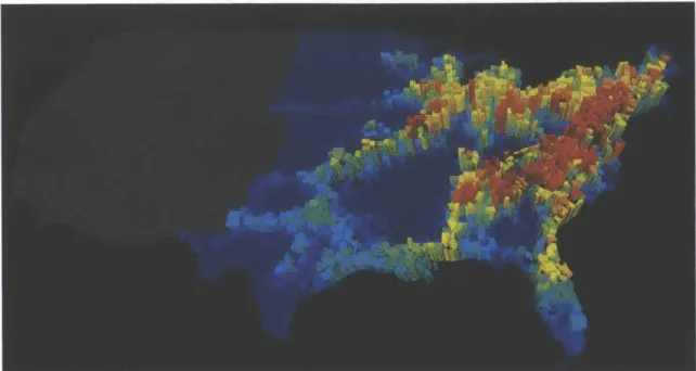 Figure  1-2:  The  price  of  anarchy  during  an  epidemic  spreading  scenario  through  the US  commuting  network,  calculated  two  weeks  after  the  outbreak  starts  from  each county  in  the  eastern  contiguous  US  calculated  as  the  differen