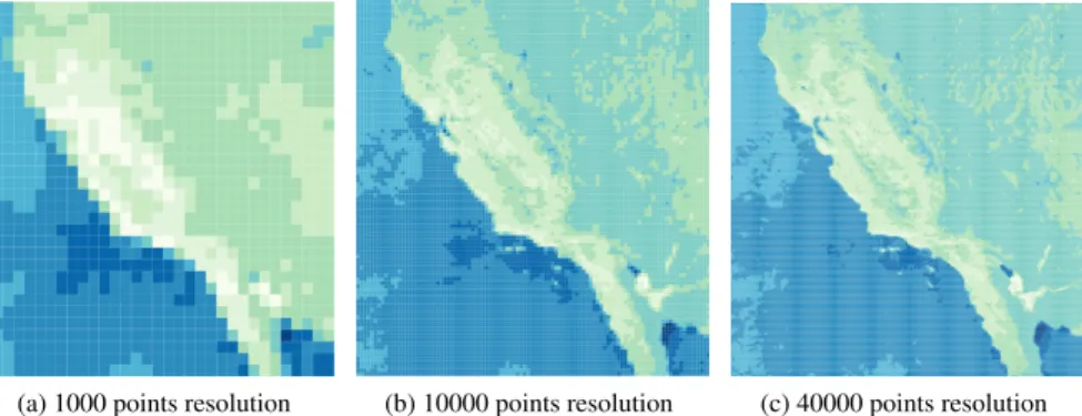 Figure 5: Zoom on the California region of the ndvi points array at 1000, 10000, and 40000 points resolution