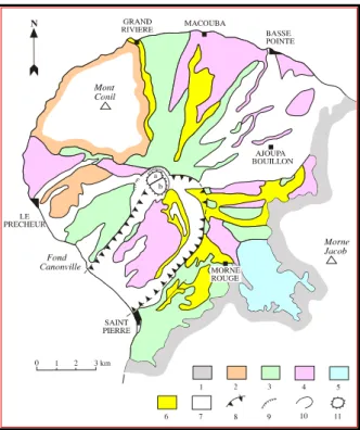 Figure 2:  Geological scheme of the Mount Pelée volcano  (In Sanjuan et al., 2003a). 1: Substratum of the  Pitons du Carbet and Morne Jacob; 2: Mont  Conil  formations; 3: Mount Pelée - initial  stage; 4: Pelée - intermediate stage; 5: lacustrine  deposits