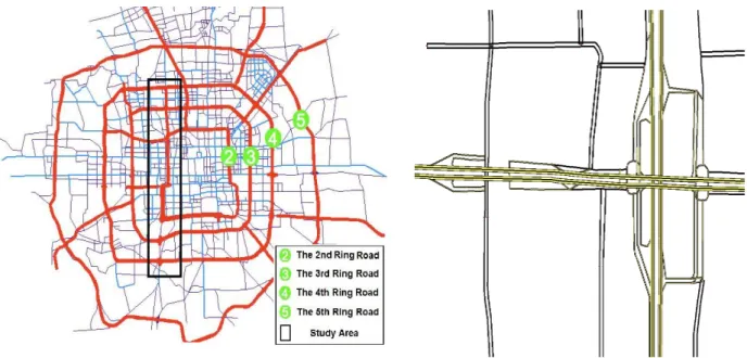 Figure 3-2  Study area (within the black rectangle)  Figure 3-3 Frequent on- and off-ramps along a ring road 