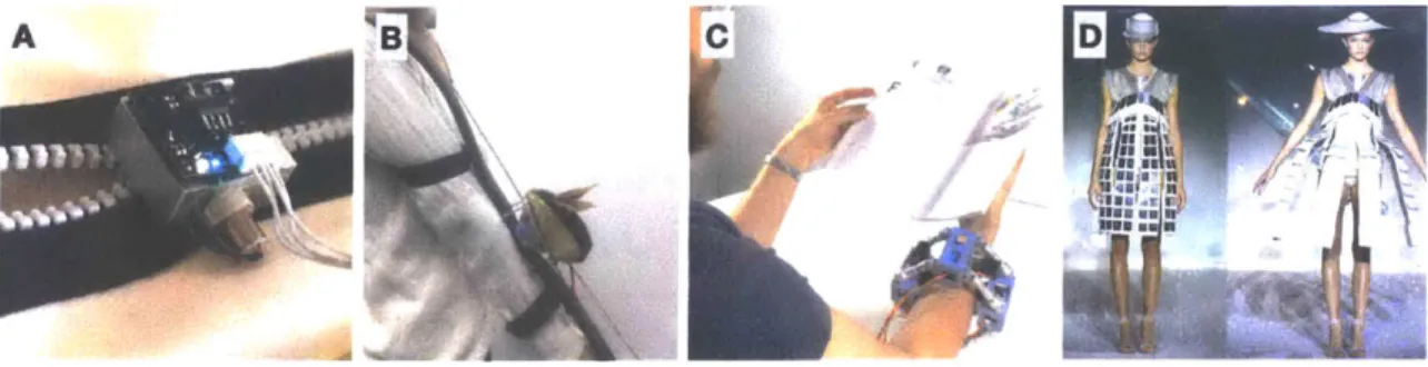Figure  2-3:  Explorations  of  moving  wearable  devices  and  clothing.  A)  Zipper-bot;