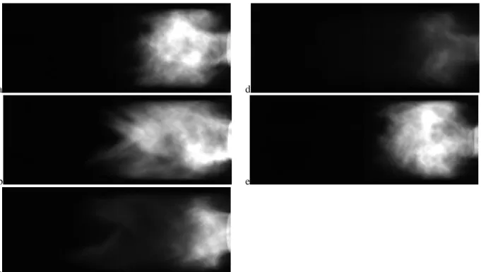 Figure 6: Sequence of images in a cycle during the five-quarter wave mode for CH 4 /O 2 /CO 2  flames with X CO2  = 0.594 (T ad  = 2200 K) at Re =  20,000