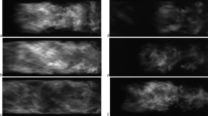 Figure 8: Sequence of images in a cycle during the quarter wave mode for CH 4 /O 2 /CO 2  flames with X CO2  = 0.686 (T ad  = 1900 K) at Re =  20,000