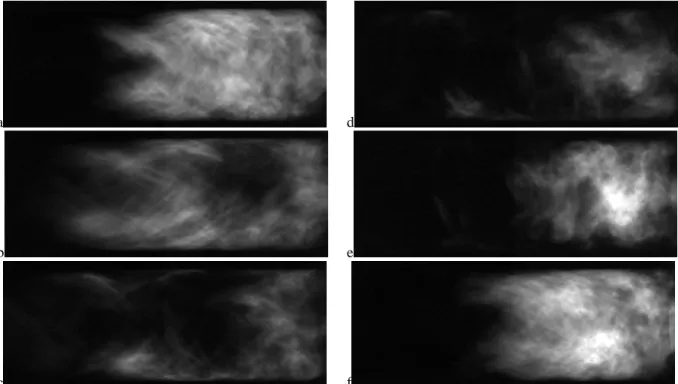 Figure 10: Sequence of images (images are 2ms apart) in a cycle during the three quarter wave mode for CH 4 /air flames for   = 0.798  (T ad  = 2000K) and Re = 20,000