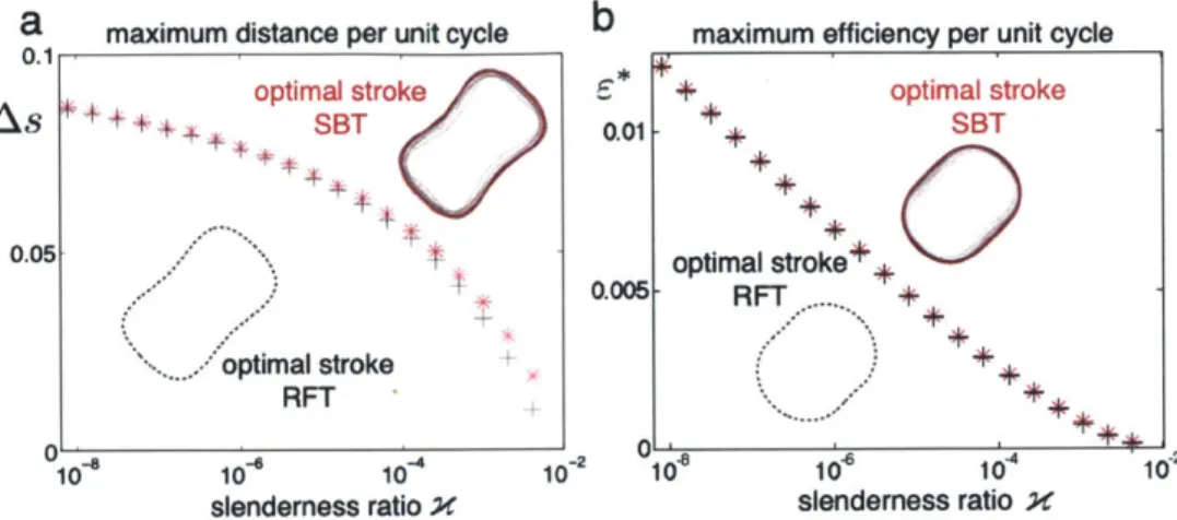 Figure  2-8:  a)  Distance  per  cycle  calculated  using  the  RFT  model  evaluated  with the  optimal  SBT  strokes  (*)  and  RFT strokes  (+)