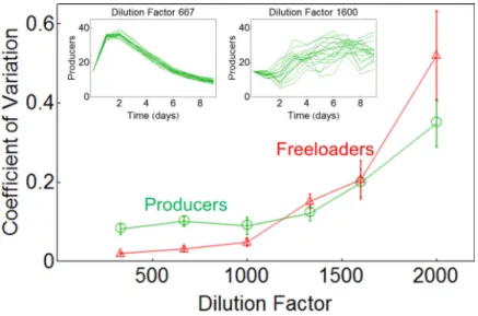 Figure 4. Coefficient of variation of both sub-populations increases as the environment deteriorates due to increasing dilution factor