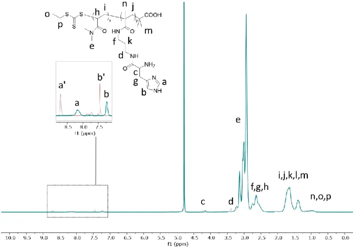 Figure 2-19.  1 H NMR characterization of PDMA polymers with deprotected histidine side groups  (D 2 O, 400 MHz)