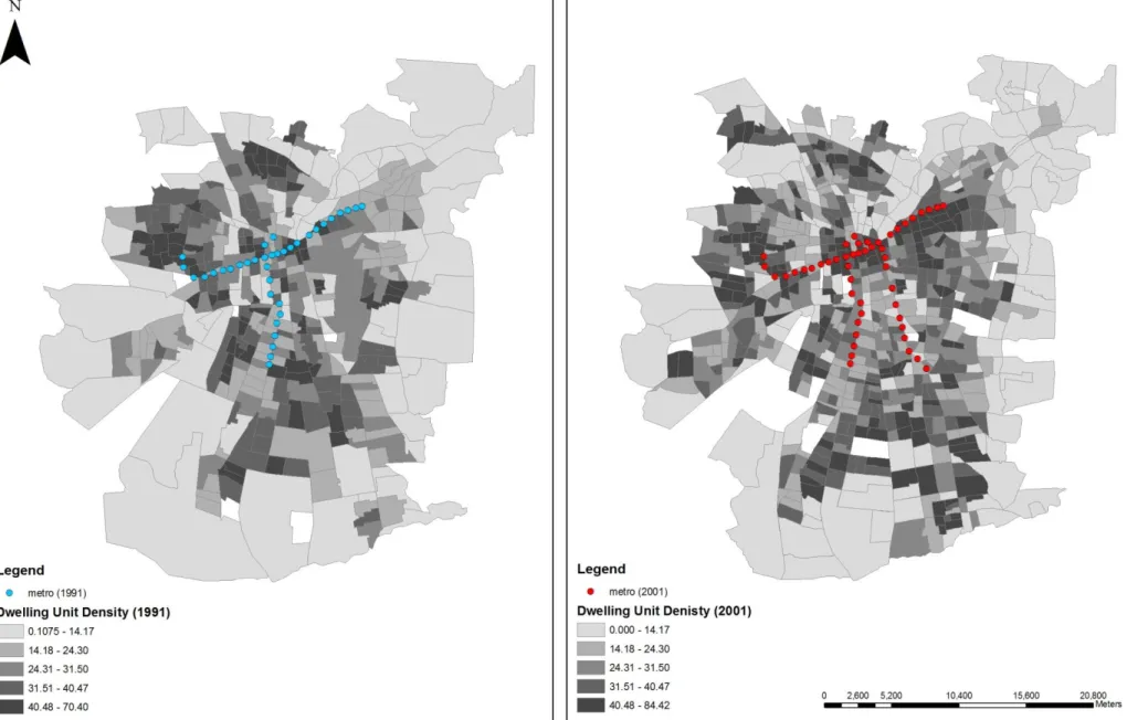 FIGURE 5  Modeled Areas in 1991 (left) and 2001 (right): OD Zones, Densities, and Metro Stations