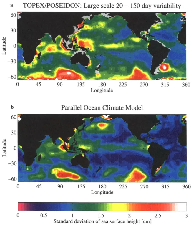 Figure  3.8:  Standard  deviation  of sea  surface  height  from  (a)  TOPEX/POSEIDON  and (b)  the  POCM,  for  periods  between  20  - 150  days,  smoothed  over  10'  boxes.