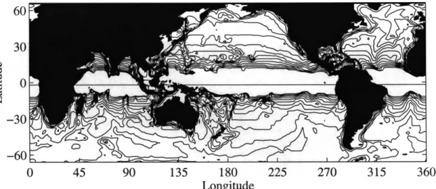 Figure  3.9:  Contours  of f/H,  where  the  depth,  H,  has  been  smoothed  over  100  boxes  as was  done  for  Fig