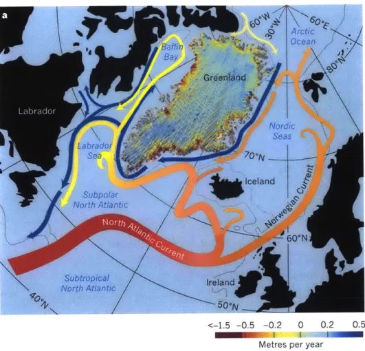 Figure  1-1:  Schematic  of  ocean  currents  around  Greenland  from  Straneo  and  Heimbach  (2013), with ice  sheet  surface  elevation  change  from  Pritchard  et  al