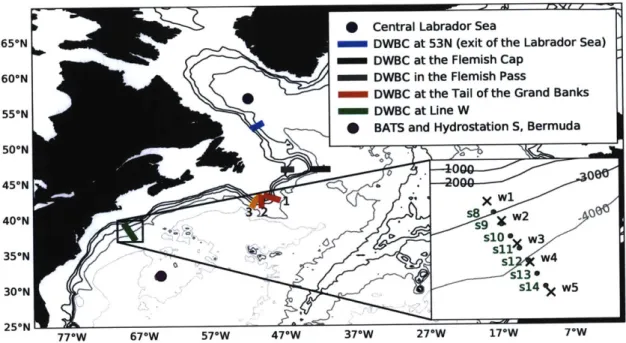 Figure  3-1:  Map  of dataset  locations  along  the  path  of  the  Deep  Western  Boundary  Current  as described  in  the  legend