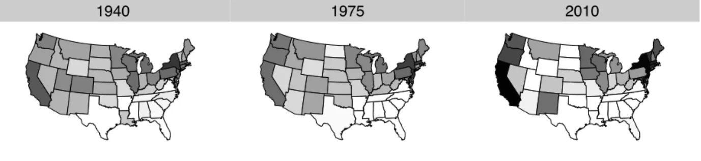 Figure 1: The geographic distribution of government policy liberalism in 1940, 1975, and 2010