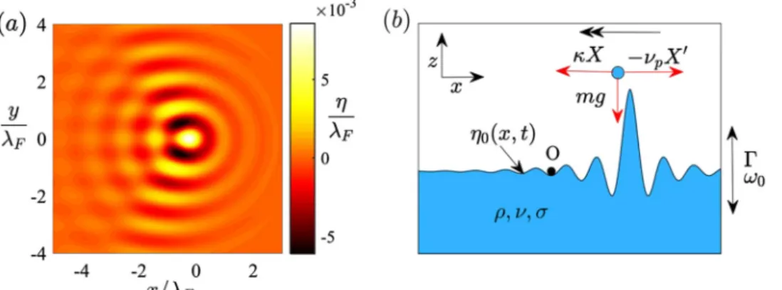 FIG. 1. (a) The wave field η( x, t ) of a steady walking droplet at impact [in the absence of a central force ( κ = 0)], as computed by Durey and Milewski 15 for /  F = 0.97
