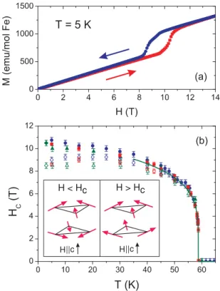 FIG. 7. (Color online) (a) Magnetization as a function of field at T = 5 K for deuterated silver jarosite shows hysteresis as the field is swept up and down (1 emu = 10 −3 A · m 2 )