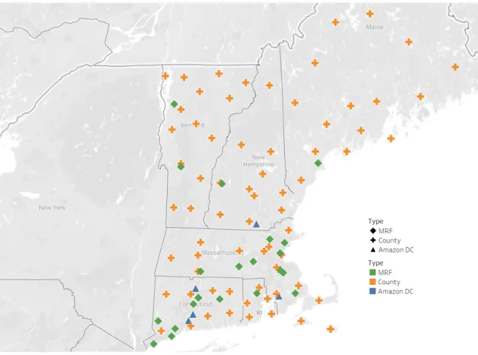 Figure 10. Lat-Long plot of County centroids, Amazon Warehouses and MRFs in the New England area