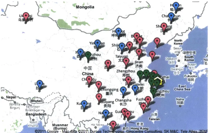 Figure  7 Using  Shanghai  as the  central  DC,  average  delivery  rates  are  shown  for  PRL's tier  I and  tier 2 markets