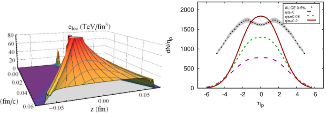 Figure 1. We show the energy density in the local rest frame as produced by high energy shock wave collisions (left)