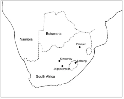 Figure 1.  Map of southern  Africa.  Nine, low-temperature, garnet-peridotite xenoliths were collected from the four kimberlite pipes shown.