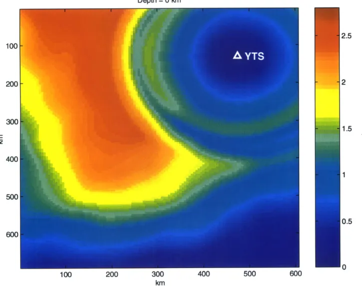 Figure  3-2:  Difference  in  travel  times  calculated  using  the  one-dimensional  six  layer model  shown  in figure  2-3  (Ran Zhou  et  al.,  1995)  and  the  three-dimensional  velocity model  of the  Sichuan  study  region  shown  in  figure  2-2  