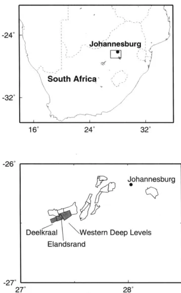 Figure  3-1:  Southern  Africa  (top)  and  Far  West  Rand  mining  district,  Republic  of South  Africa  (bottom)