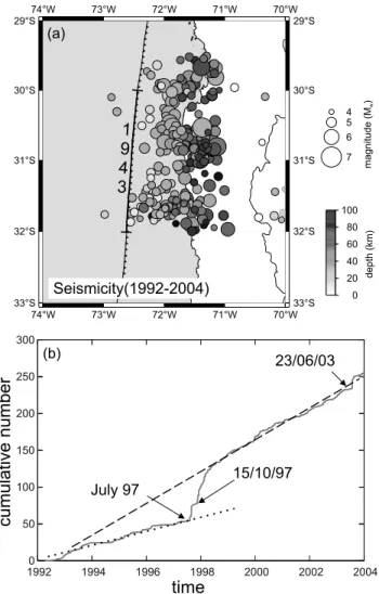 Figure 2. (a) Map view with National Earthquake Information Center seismicity for the period 1992 – 2004.