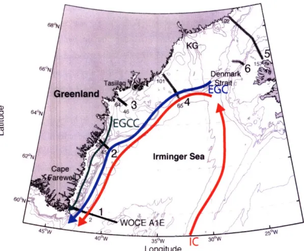 Figure  2.1.  Map  of JR105  station  locations  (+  symbols)  and  the  WOCE  AlE  transect (solid  line)  off Cape  Farewell