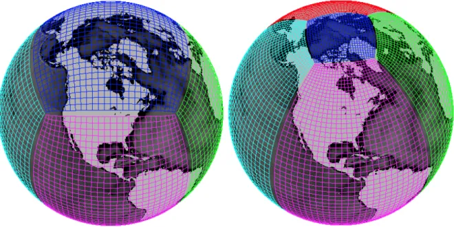 Figure 1: Cube-sphere grid (left) for ECCO CS510 and LLC grid (right) for ECCO V4  framework, including LLC90, LLC270, and up to LLC4320