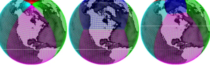 Figure 1. Three possible approaches to gridding the globe. (Left) LL maps the earth to a single rectangular array (one face)