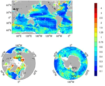 Figure : modeled-REMSS rms – sea surface temperature (K)