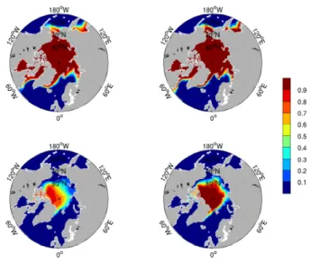 Figure : ECCO (left) and NSIDC (right, gsfc bootstrap) ice concentration in March (top) and September (bottom).