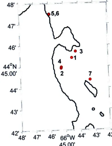 Figure  3.3.  Detailed map  of the sites of transmission by red  dots) near Grand  Manan  Island.