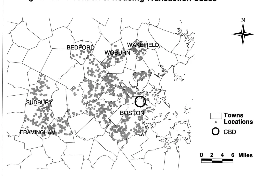 Figure  3.1 Location of Housing Transaction Cases .I 0 Towns LocationsCBD 0  2  4  6 Miles