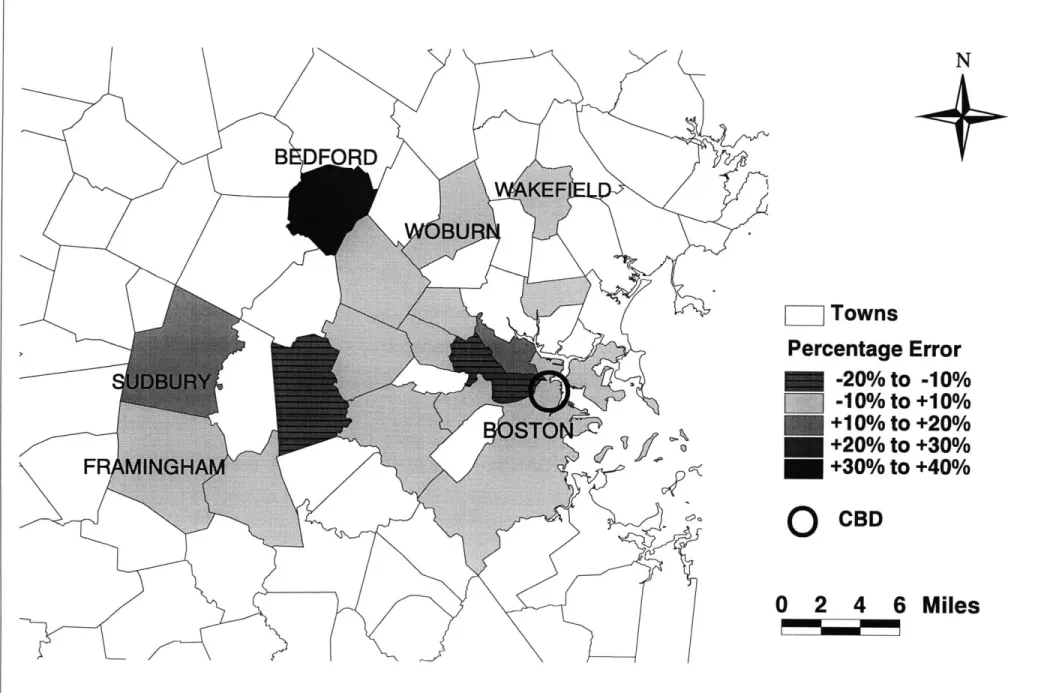 Figure  4.2 Average  Percentage  Error of Housing Price Prediction in Model  1 4 Towns Percentage  Error -20% to  -10% -10%  to +10% +10%  to +20% +20% to +30% +30% to +40% O  CBD 0  2  4  6  Miles