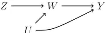 Figure 6 offers a DAG representation of the basic instrumental variable setting. The treatment, W , is affected directly by an unobservable confounder, U , which also directly affects the outcome variable, Y 