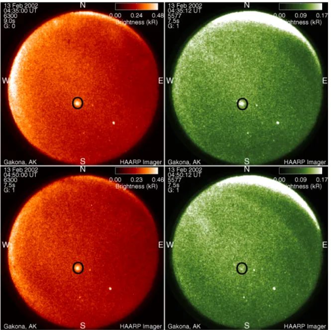 Fig. 3. Heater-induced red- and green-line emissions during the long pulse before (top) and after (bottom) foF2 has dropped below f 0 