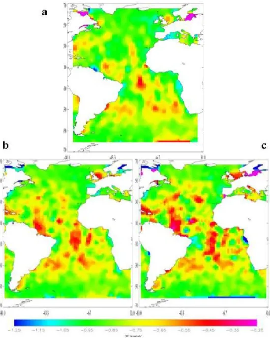 Fig. 3. Geographical distribution of BF in the Atlantic Basin, obtained for the three time samplings considered