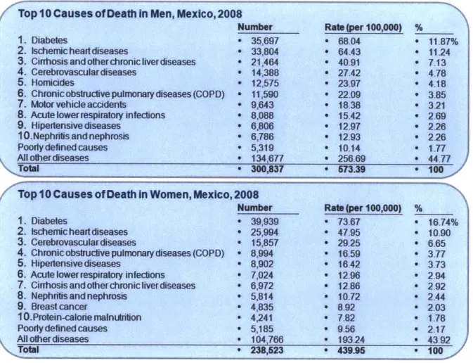 Figure  2-8:  Main Causes  of Death  in Men  and Women  in Mexico 4 ' /'Top  10 Causes  of Death  In Men,  Mexico, 2008