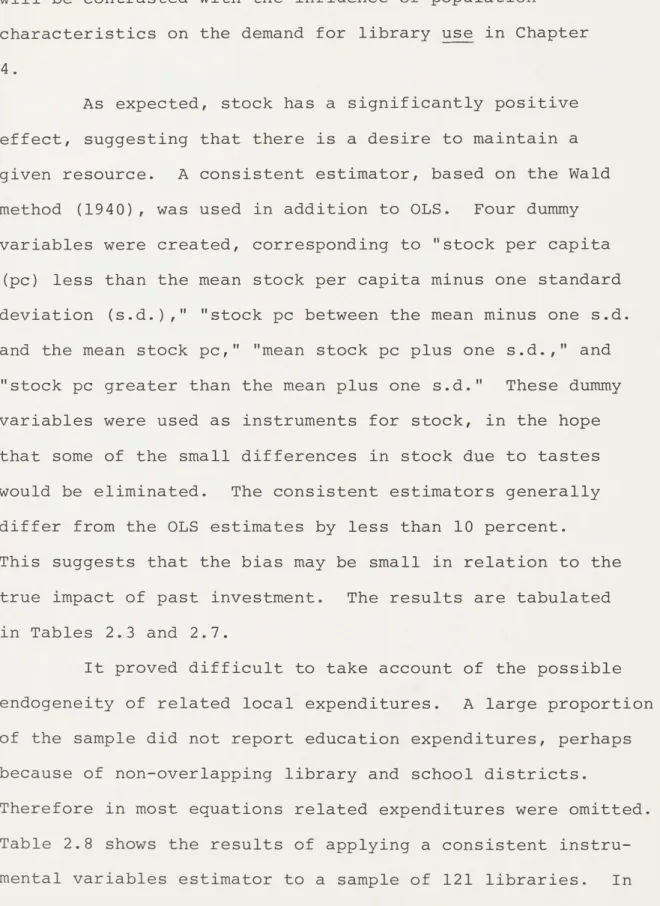 Table  2.8  shows  the  results  of  applying a  consistent  instru- instru-mental  variables  estimator  to  a  sample of  121  libraries