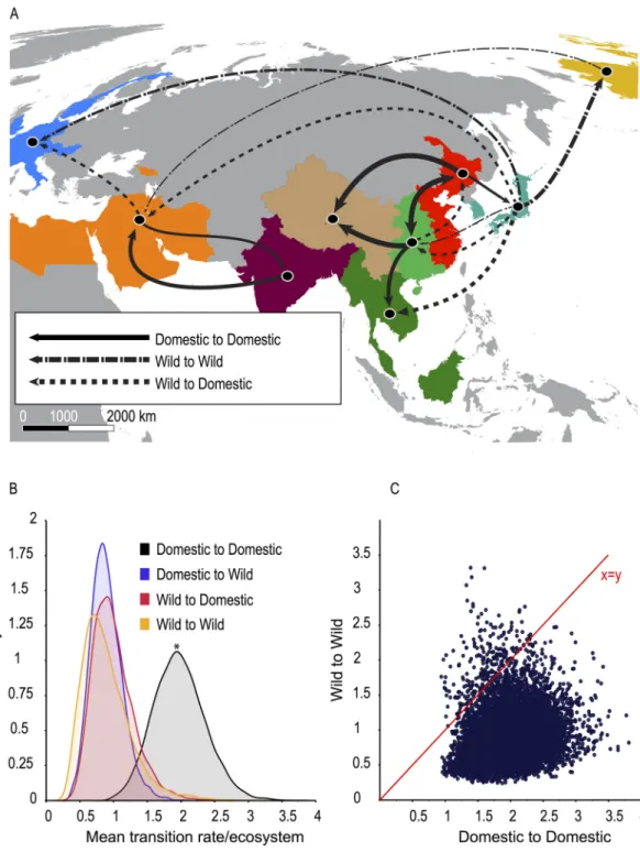 Fig 3. Inferred migration rates and patterns. (A) Map showing statistically supported transitions between geographic regions by ecosystem