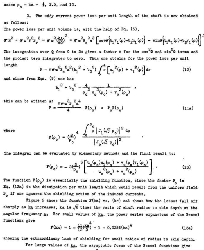 Figure 5 shows the function F(ka) vs.  (ke) and  shows how  the losses fall off sharply as  ka increases, ka is  A/~  times  the  ratio  of  shaft  radius  to  skin depth  at  the angular frequency ~